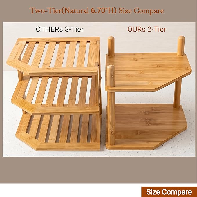 2-Tier Expandable Bamboo Corner Shelf - Dish/Plate Organizer for Cabinet, Kitchen Counter Shelf & Small Kitchen Shelf, Adjustable (6.7" H-Natural, 2-Tier)