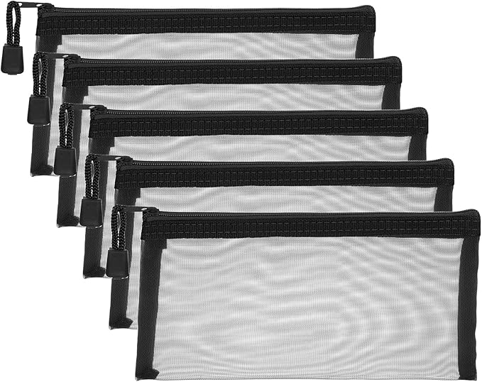 PATIKIL A6 Mesh Zipper Pouch Bags, 5 PCS Mesh Bags with Zipper Plastic Storage Pocket for Organizing File Beads Office Home Supplies, 10x20cm, Black