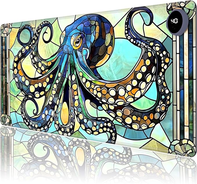 Heated Mouse Pad,Warm Desk Pad with 3 Levels Heating & 3 Hours Auto Shut-Off, PU Leather Heated Desk Pad Warmer Pad for Home Office - 31.5 x 13 inch,Fun Octopus