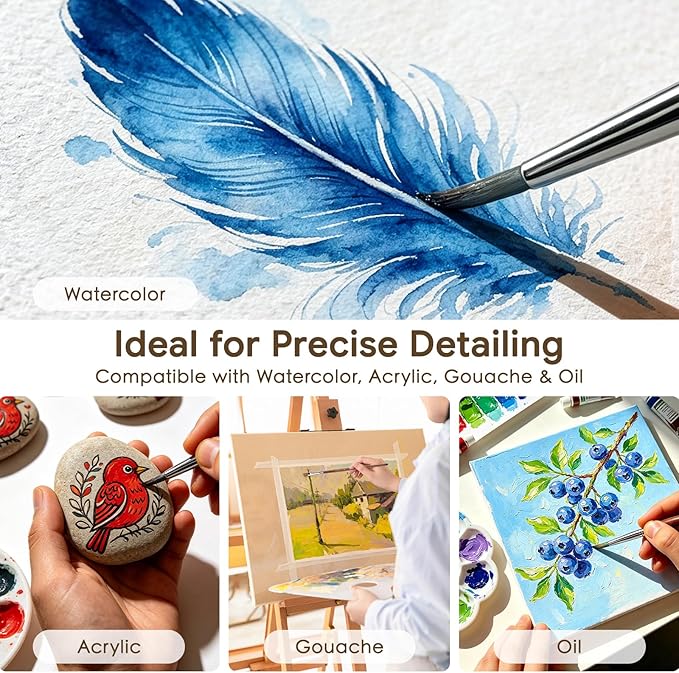 Bougimal 12 Pcs Detail Paint Brushes Set, Fine Detailing & No Shedding, Miniature Paint Brushes Design for Paint by Number, Models, Acrylic, Watercolor, Gouache, Oil