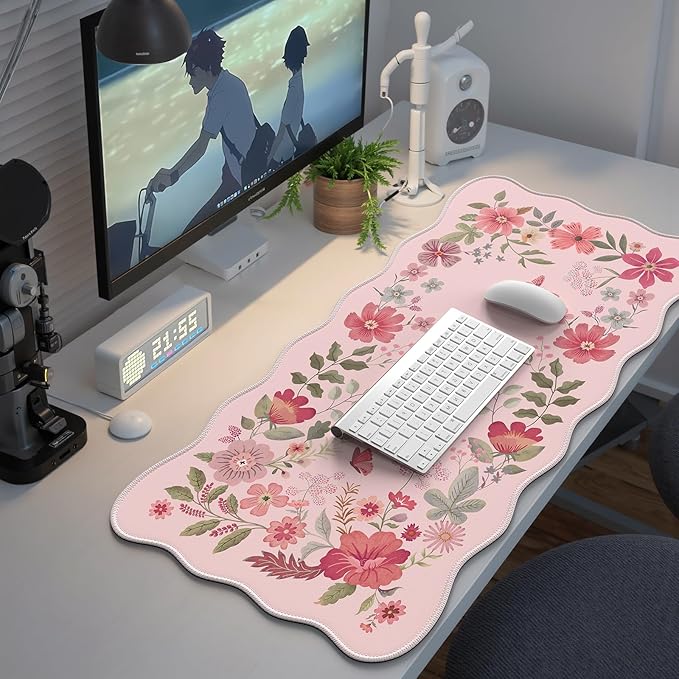 iCasso Desk Mat, Scalloped Desk Matt for Desktop, Cute XXL Large Mouse Pad for Desk, Anti-Slip Big Mousepad with Stitched Edges, Keyboard Pad Mouse Mat for Computer(Pink)