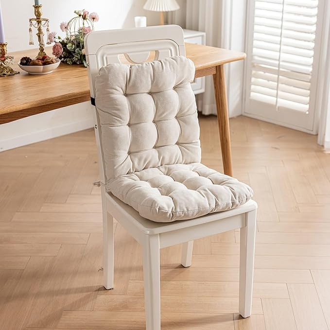 Desk Chair Cushion with Ties,Non-Slip Office Chair Pads with High Back Support,Soft Dorm Seat Cushion for Office,Car,Dining Room,Kitchen,Rocking Chairs (Beige)