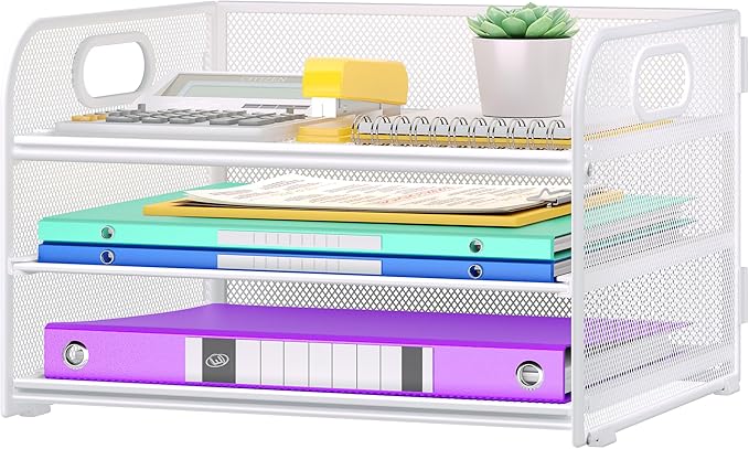 Cawukege 2 Pack 3 Tier Paper Organizer with Handle, Metal Desk Organizer Mesh Paper Letter Tray Desktop File Folder Document Sorter for Classroom, School, Office Accessories Storage (2, White)