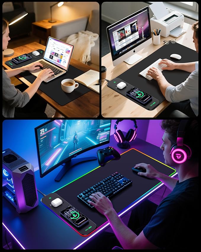 3-in-1 RGB Gaming Mouse Pad with Wireless Charging for Phone/AirPods, 31.5"x15.8" Large, 24 Light Effects, Non-Slip Base, Waterproof Ultra-Smooth Surface, No Adapter