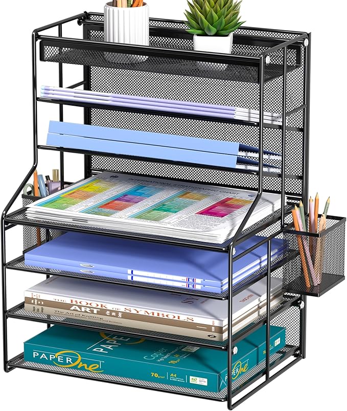 Black 7 Tier Desk File Organizer, Metal Letter Tray Paper Organizer with Pen Holder and Metal Hanging Basket, Vertical Desktop File Holder for Home Office Organization