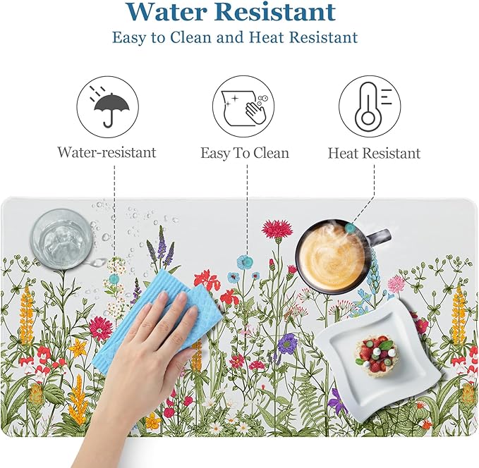 Desk Pad Botanical Floral, Desk Mat for Desktop, Sage Green Spring Flowers XXL Large Gaming Mouse Pad Non-Slip Rubber Base Stitched Edges Waterproof Keyboard mat for PC/Laptop/Computer/Work/Office