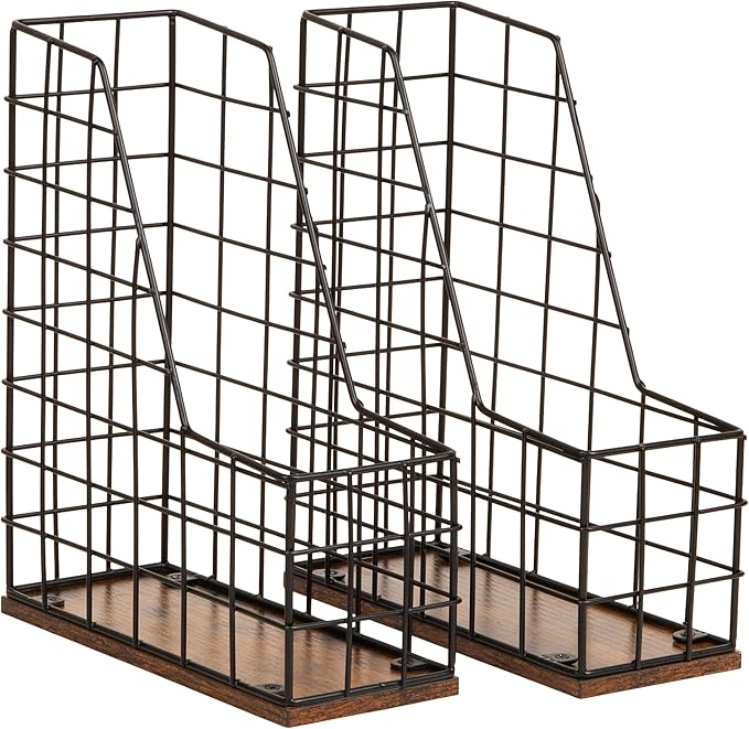 Mind Reader Vertical File Organizer with Wood Base and Black Metal Frame, Desktop Magazine Holder, Modern File Rack, Metal and Wood, Black