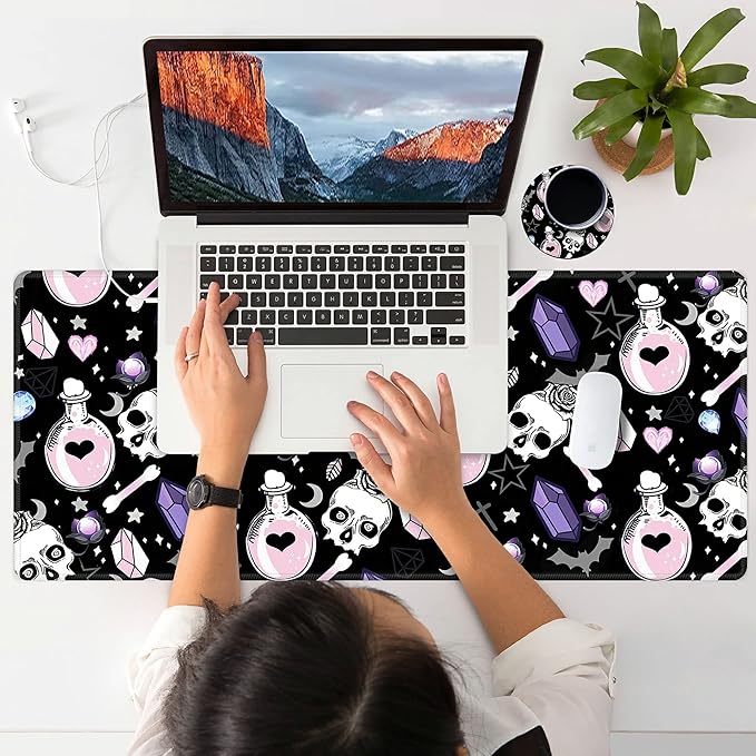 Mouse Pad Large with Coaster, 35.4"x15.7" Skull Goth Magic Cute Witchy Theme Design Full Desk Mousepad Stitched Edges Desk Pad Extended Large Gaming XXL Mouse Pad for Desk Office Home