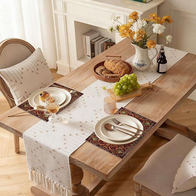 Linen Placemats Set of 6, Fall Boho Carpet Orange Brown Washable Table Mats 12x18 Inch, Heat Resistant Non Slip Placemats for Dining Table Kitchen Everyday Use