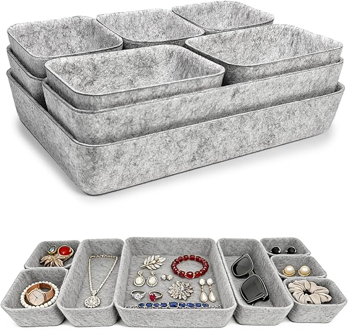 8pcs Felt Desk Drawer Organizer Tray, 4 Sizes Drawer Organizers Set for Office Supplies, Jewelry, Makeup, Cosmetics, Desk & Drawer Storage (Light Gray)