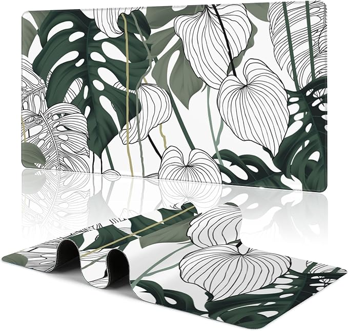 Tropical Leaf Extended Large Gaming Mouse Pad Split Leaf Philodendron Plant XXL Mousepad Desk Pad Mat for Keyboard and Mouse, Non Slip Rubber Base Mousepad with Stitched Edges, 31.5 x 15.8 in