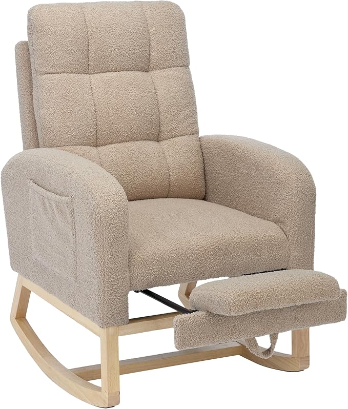 Nursery Rocking Chair with Foot Rest, Teddy Upholstered Nursery Glider Rocker Chair with Solid Wood Legs & 2 Side Pockets Comfy Armchair for Living Room Lounge Bedroom (B-Grey)