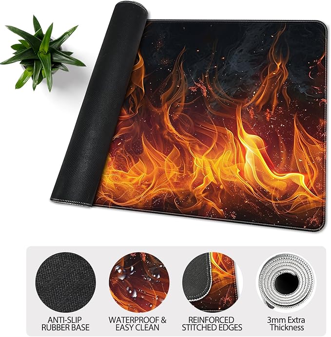 35.4 x 15.7 in, XXL Large Mouse Pad for Desk, Extended Keyboard Mouse Mat for Computer Office, Big Mousepad with Stitched Edges, Gaming Pc-Flame on Black