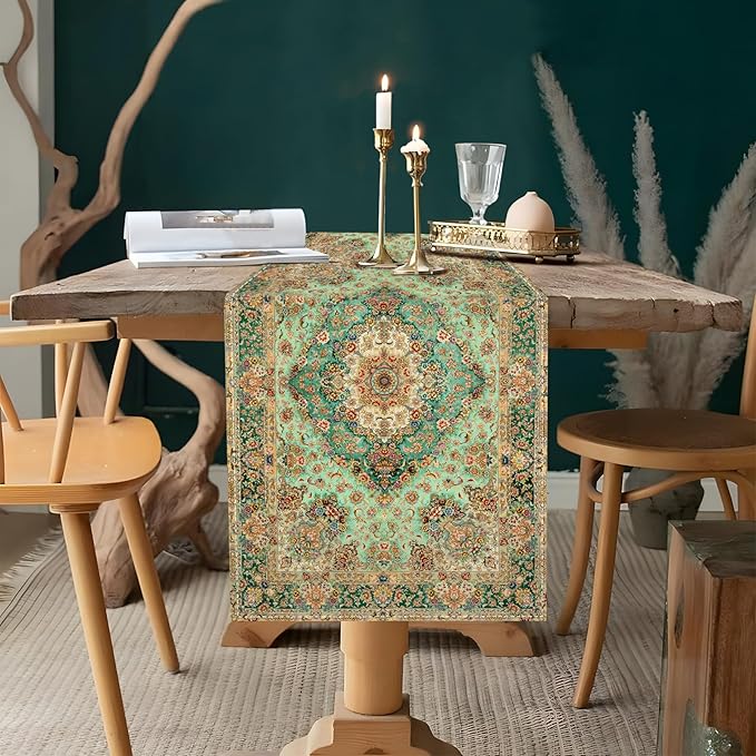 Boho Floral Green Table Runner,Vintage Elegant Farmhouse Table Center Linen Decor,Country Rustic Farmhouse Magical Fall Kitchen Dining Table Decoration for Home Dining Party Decor 13x48 Inch
