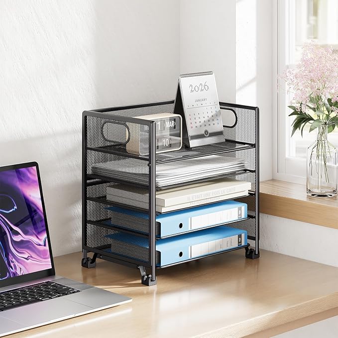 Simple Trending 5-Tier Paper Organizer for Desk– Letter Tray & File Holder with Handle, Metal Mesh Desktop Document Shelf for Office, Black