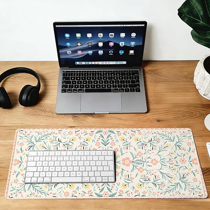 Pink Floral Mouse Pad,35.4 x 15.7 Inch Large Mouse Mat Non-Slip Rubber Stitched Edges for Writing Desk,Office,Home,Laptop