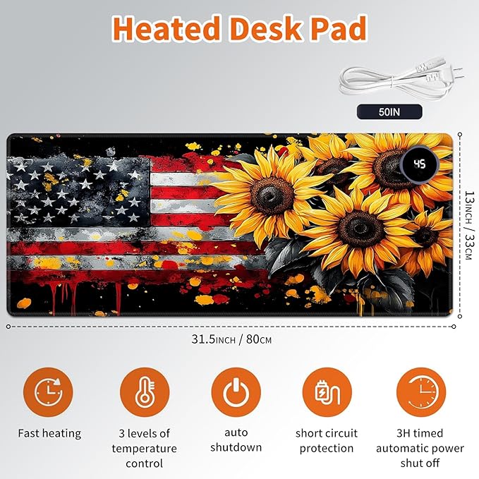 Heated Mouse Pad,Warm Desk Pad with 3 Levels Heating & 3 Hours Auto Shut-Off, PU Leather Heated Desk Pad Warmer Pad for Home Office - 31.5 x 13 inch,Sunflower American Flag