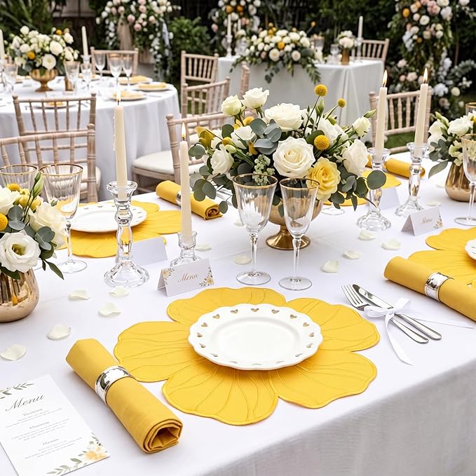 Moukeren Set of 6 Elegant Floral Placemat 16'' Flower Shaped Place Mat Flower Embroidery Table Mat for Wedding Bridal Shower Baby Shower Tea Party Kitchen Dining Table Decor(Yellow)