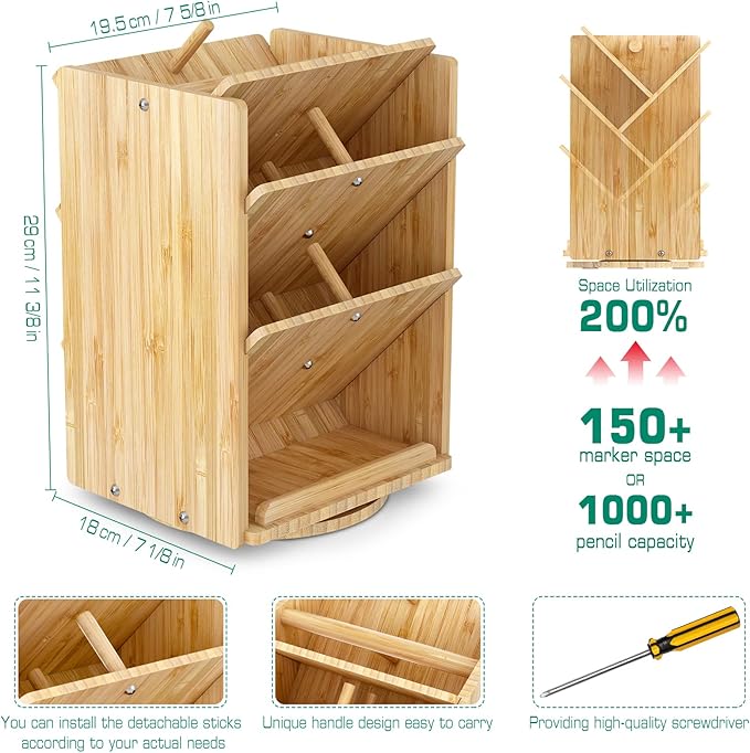 Bamboo Desk Organizer Storage Accessories - Ultra-large 13 compartments, 1000+ Pencil Holder Capacity, Easy DIY Assembly, Rotating Desktop Organizer, Cosmetics, and Office Supplies