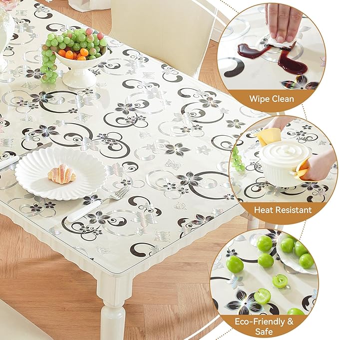 LovePads Floral Clear Table Cover Protector - 24 x 48 Inch Thick Plastic Table Cloth, Waterproof PVC Desk Mat for Dining Room Table, Wood Furniture Topper, Anti-Scratch Desk Pad for Kids Writing,