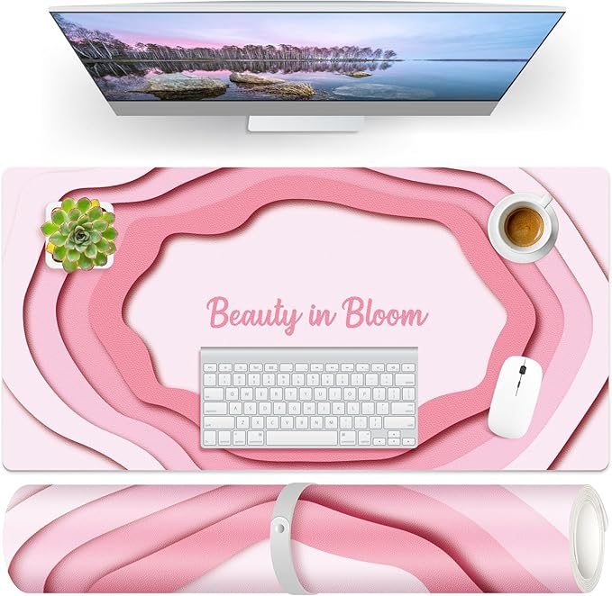 Dual-Sided PU Leather Desk Mat Blotter for Office, Home, Computer, Keyboard, Mouse, 15.7"x31.5" Large Non-Slip Writing Mat with Travel Storage Strap, Waterproof Easy to Clean (Pink Minimalist)