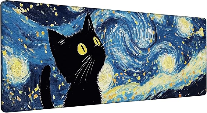 Large Gaming Mouse Pad Blue Starry Night Black Cat Desk Mat,Non-Slip Rubber Base Stitched Edges,Extended Mousepad for PC,Laptop,Office,Home Decor(31.5 x 11.8 Inch)