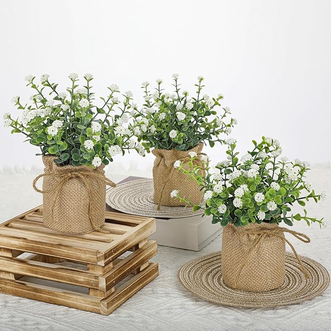 Artificial Mini Potted Flowers Set of 3, Faux Baby’s Breath Plant with Burlap Pot, Small Fake Greenery Desk Decor for Home Office Shelf Table Centerpiece, Rustic Farmhouse Wedding Spring Decorations