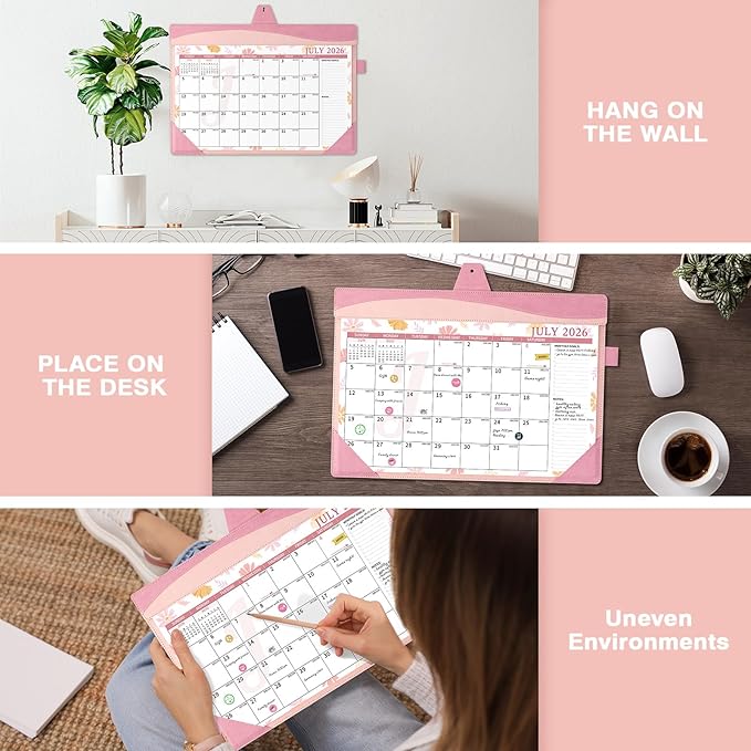 Ospelelf Leather Desk Calendar 2026-2027 Large 12"x17" Monthly Planner Pad with Protective Cover 18 Months Use July 2026 to December 2027 Pink Floral