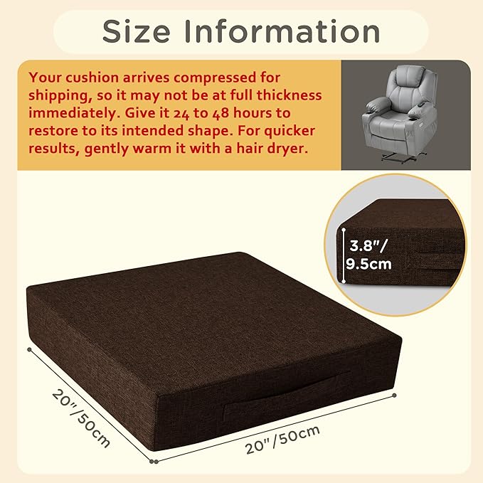 Recliner Cushions for Elderly Square Chair Pads with Non-Slip Bottom for Couch Armchairs Booster Comfy 20"x20"x3.8" Recliner Cushion for Long Sitting with Washable Cover 1 Pack Brown