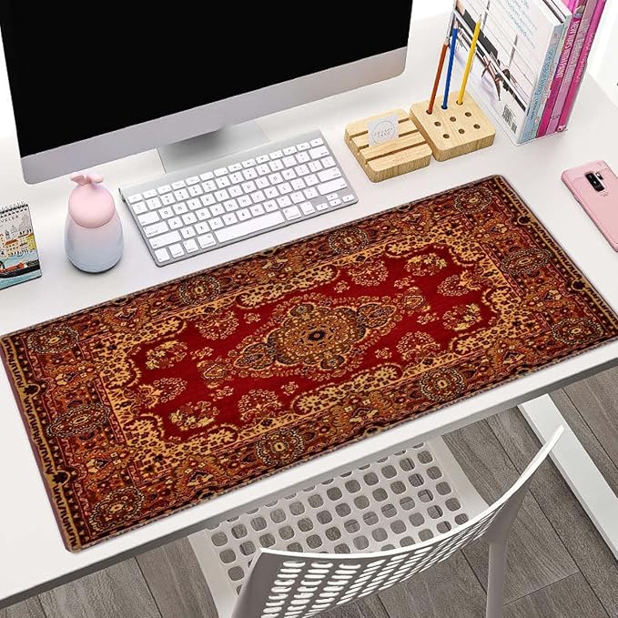Rug Desk Mat Vintage Retro Boho Large Extended Mouse Pad XL Desk Pad Gaming Mousepad Keyboard Mouse Mat for Computer Laptop 31.5''X11.8'' Non-Slip Rubber Base with Stitched Edges