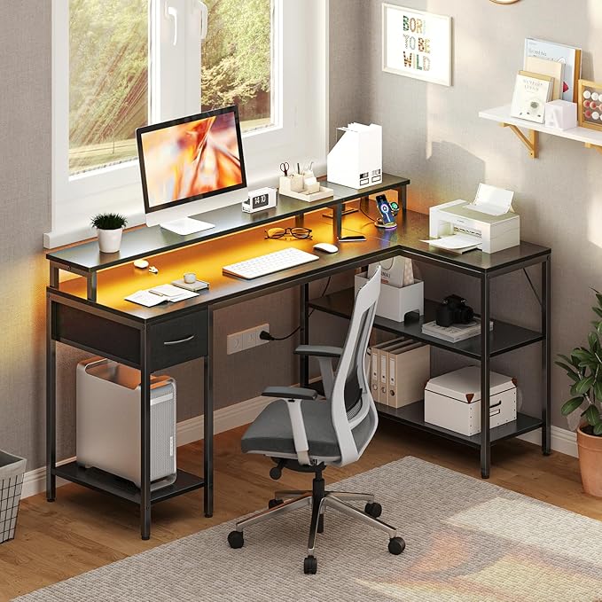 DUMOS 53” Gaming Desk with USB Charging Ports & LED Lights, Reversible L Shaped Desks Computer Corner Gamer Table with Power Outlets Monitor Stand Storage Shelves for Home Office Small Space, Black