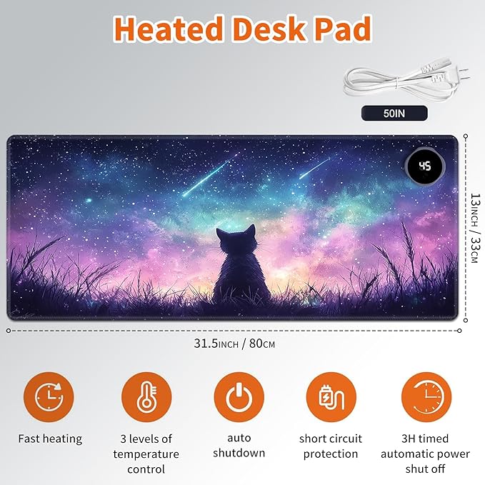 Heated Mouse Pad,Warm Desk Pad with 3 Levels Heating & 3 Hours Auto Shut-Off, PU Leather Heated Desk Pad Warmer Pad for Home Office - 31.5 x 13 inch,Starry Cat