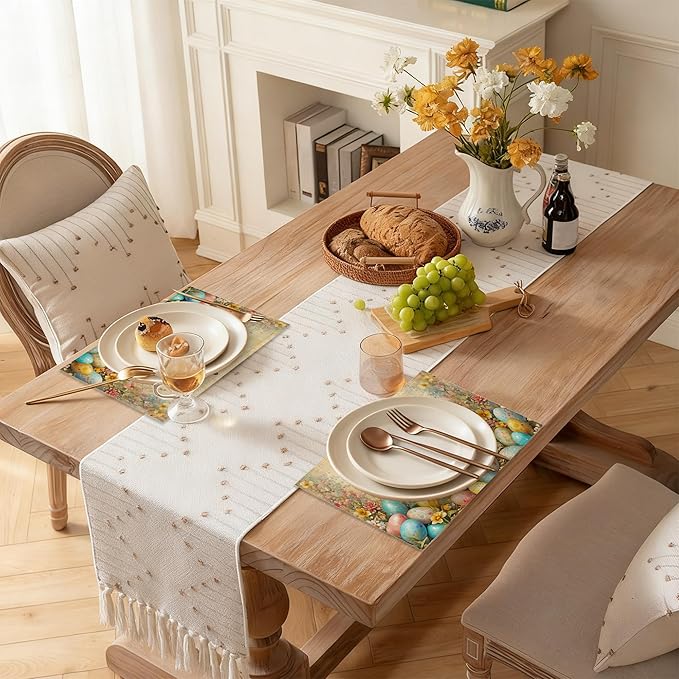 Easter Bunny Spring Placemats Set of 6 Linen Table Mats, 12x18 Inch Washable Placemats for Dining Table, Non Slip Heat Resistant Mats for Kitchen Home Decor