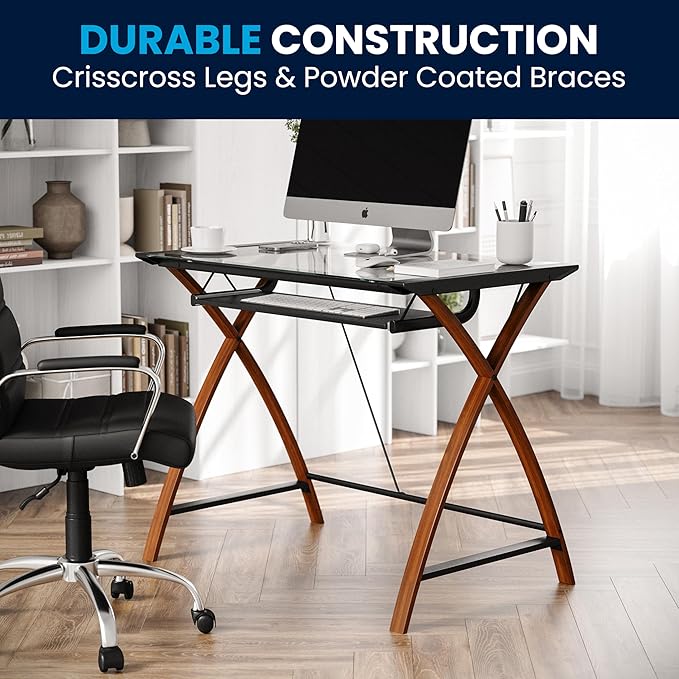 Flash Furniture Jude Tempered Glass Computer Desk with Pull-Out Keyboard Tray and Crisscross Frame, Small Computer Desk for Home Office, Cherry/Clear