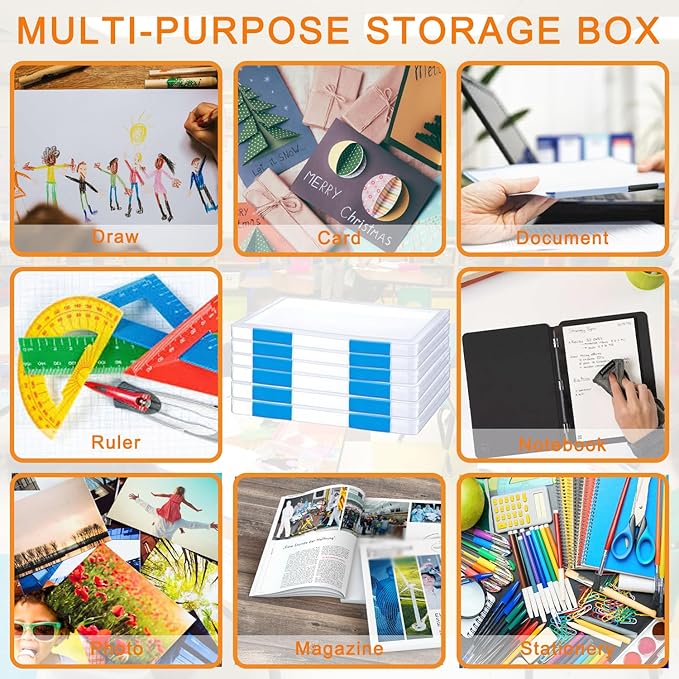 LonlyEagle 6 Pack A4 File Portable Project Case, Plastic Storage Box for 8.5" x 11" Letter Paper, Documents Magazines Holder Scrapbook Paper Storage Boxes (blue)