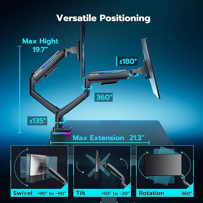 ARES WING Dual Monitor Mount for 17-35 Inch Ultrawide Heavy Duty Curved Screen, Computer Monitor Arm Desk Mount, Gas Spring Adjustable Vesa Stand, Black