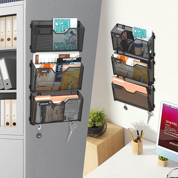 SUPEASY Wall File Organizer 3 Pack, Magnetic Mesh Wall File Holder with Hooks and Label Panel, Wall Mounted Mail Organizer for Office, Home, Classroom, Letter Size and A4 Files