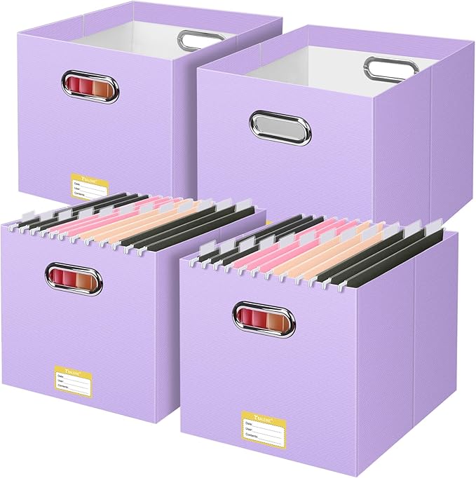 BALEINE File Organizer Box, Cardboard File Folder Organizer with Handle for Letter Size, Portable Collapsible Hanging Filing Box for Home Office Document Storage (4 Pack, Large Lavender)
