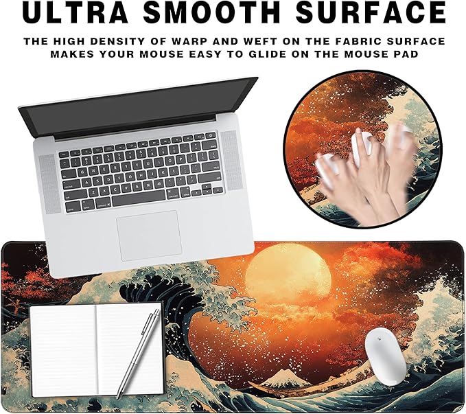 Long Gaming Mouse Pad Extended Anime Large Desk Pad with Non-Slip Base Full Keyboard Mat with Stitched Edges for Gaming and Office 31.5 x 11.8 inches (Orange Wave)