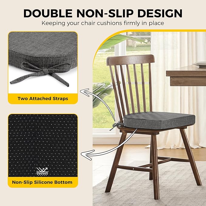downluxe Indoor Chair Cushions for Dining Chairs, Soft and Comfortable Textured Foam Kitchen Chair Pads with Ties and Non-Slip Backing, 16" x 16" x 2", Dark Grey, 2 Pack