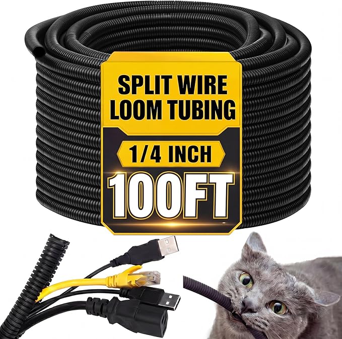 Kanayu Split Wire Loom Tubing Flame Retardant Wire Covering High Temperature Cable Sleeves Split Protector Cable Conduit for Industrial Electrical Automotive Marine(1/4''-100 ft,Black)