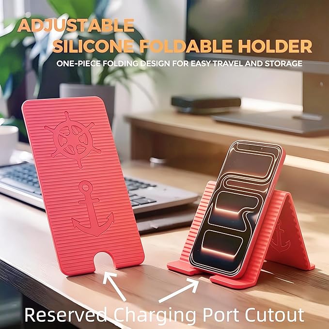 Flexible Silicone Aluminum Phone Holder Tablet Stand with Charging Port Design, Foldable Airplane Laptop/Phone Stand for Home Office Travel (Pink)