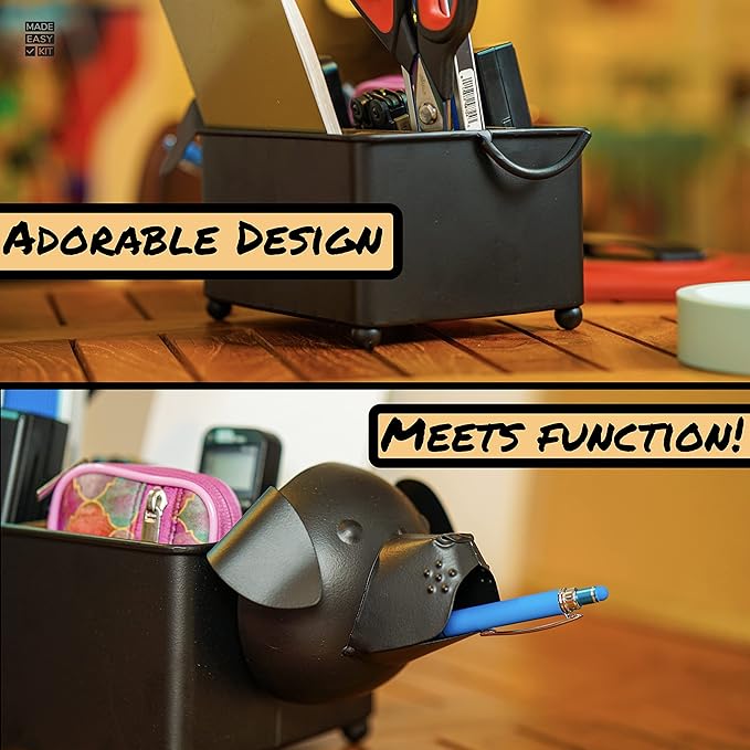 Made Easy Kit Desk Organizer, 1-5 Module Compartments - Storage for Stationery Supplies, Accessories, brushes - Home, Office, School, Dorm, Studio - Build in Pen & Pencil Holder (Black Dog)