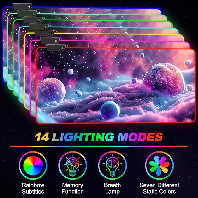 ARTSO Large RGB Gaming Mouse Pad, Led Big Mouse mat with 14 Light Modes, Extended Soft Computer Keyboard Mat Non-Slip Rubber Base, Colorful Purple Ball