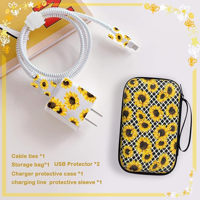 Cute Phone Charger Protector Set with Storage bag Case Yellow Sunflowers Travel Carrying Bag Data Cable 20W USB Charger Data Line Cable Protector Cord Organizer, Lightning Cable Chomper,Charger Saver