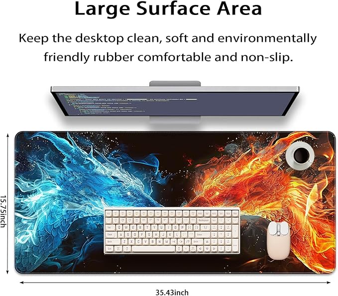 35.4 x 15.7 in, XXL Large Mouse Pad for Desk, Extended Keyboard Mouse Mat for Computer Office, Big Mouse pad with Stitched Edges, Gaming Pc-Ice Dragon fire Dragon