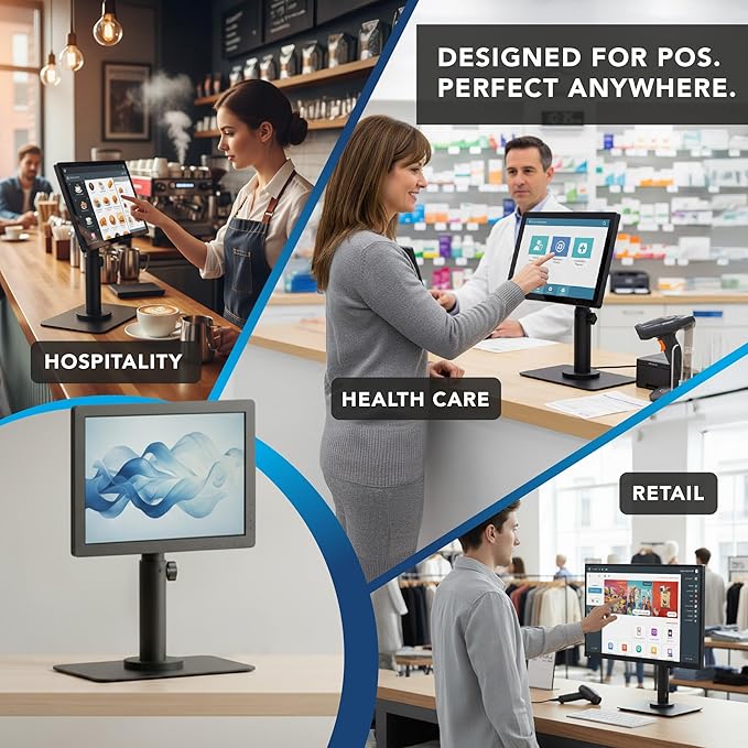 Mount-It! POS Monitor Stand, Adjustable Desktop VESA Mount for 13–32 Inch Screens, Height Adjustable Full Motion Swivel Tilt Rotation, Freestanding or Bolt-Down Base for Retail, Kiosks, Checkout
