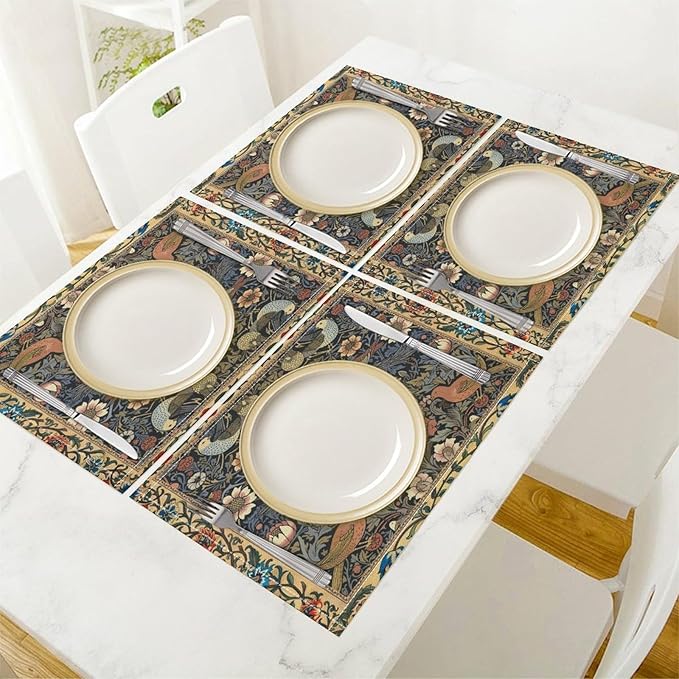William Morris Bird Placemats Retro Bird Elegant Animal Pattern Linen Washable Table Mats Stain Heat-Resistant Desktop Decor Place Mats for Home Kitchen Dining Party 12x18 in 6 PCS