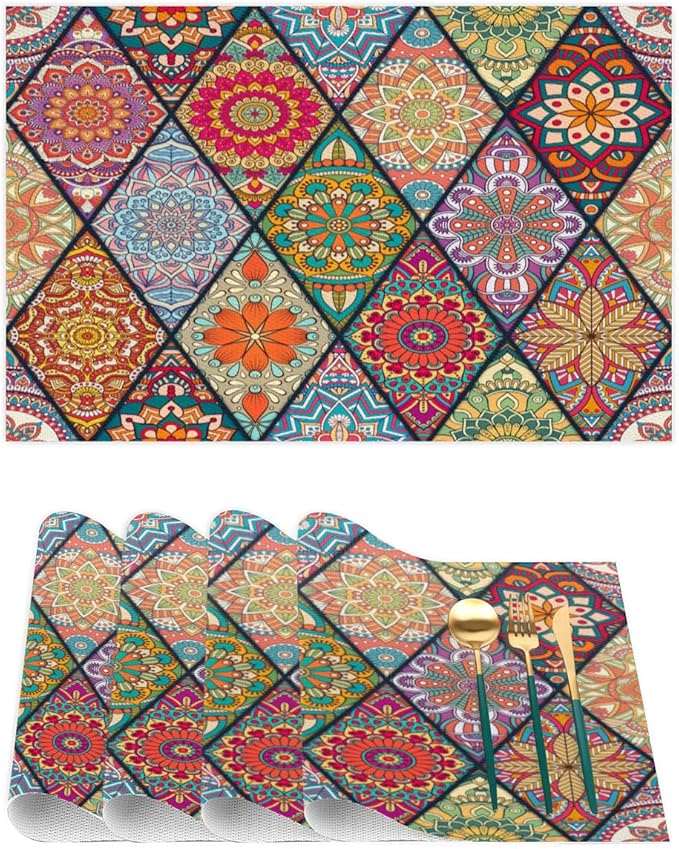 Placemats Set of 4 Heat-Resistant Rectangle Place Mats Bohemian Mexico Boho Washable Plastic PVC Dining Table Mat Non-Slip Wipeable Woven Vinyl Placemat for Kitchen Patio Table Decor