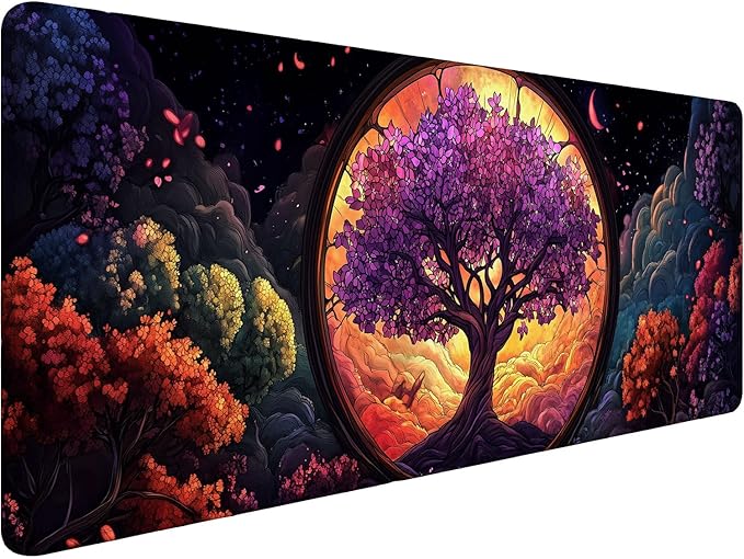 Tree of Life Desk Mat Glass Fantasy Purple Cherry Blossoms Extended Gaming Mouse Pad Mat with Stitched Edge Non-Slip Base Big Mouse Pad 31.5"x11.8" Office Computer Keyboard Laptop Home